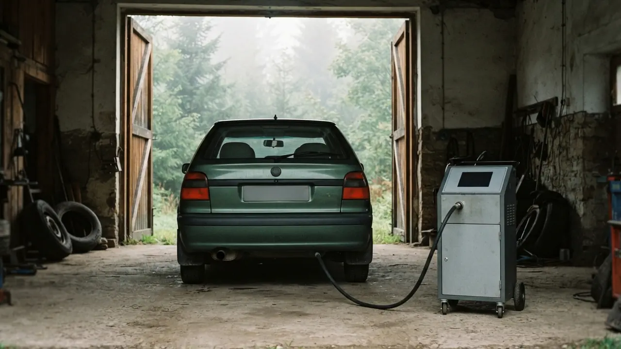 Osobné auto na pracovisku, kde prebieha emisná kontrola, sonda analyzátora zasunutá vo výfuku a za otvorenou bránou hmlisté ráno pri lese.